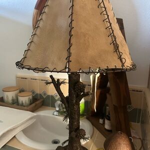 Rustic Pinecone Bark Table Lamp with Tan Leather Shade